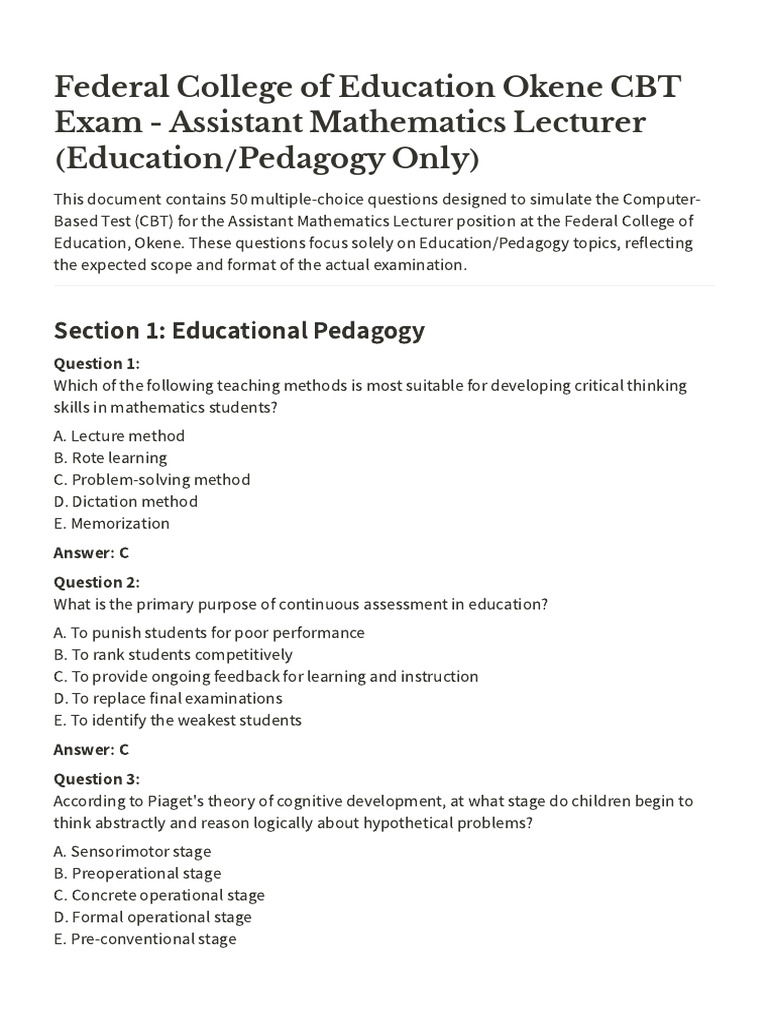 Federal College of Education Okene CBT Exam - Assistant Mathematics ...