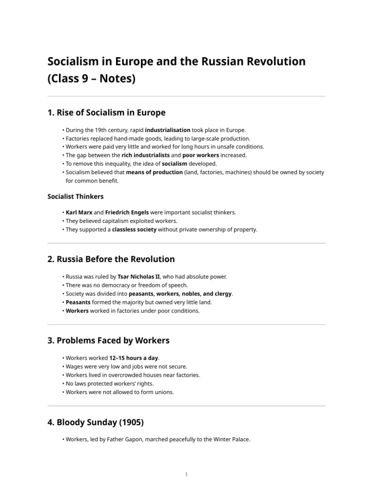 Class 9 History Notes - Socialism in Europe and The Russian Revolution ...