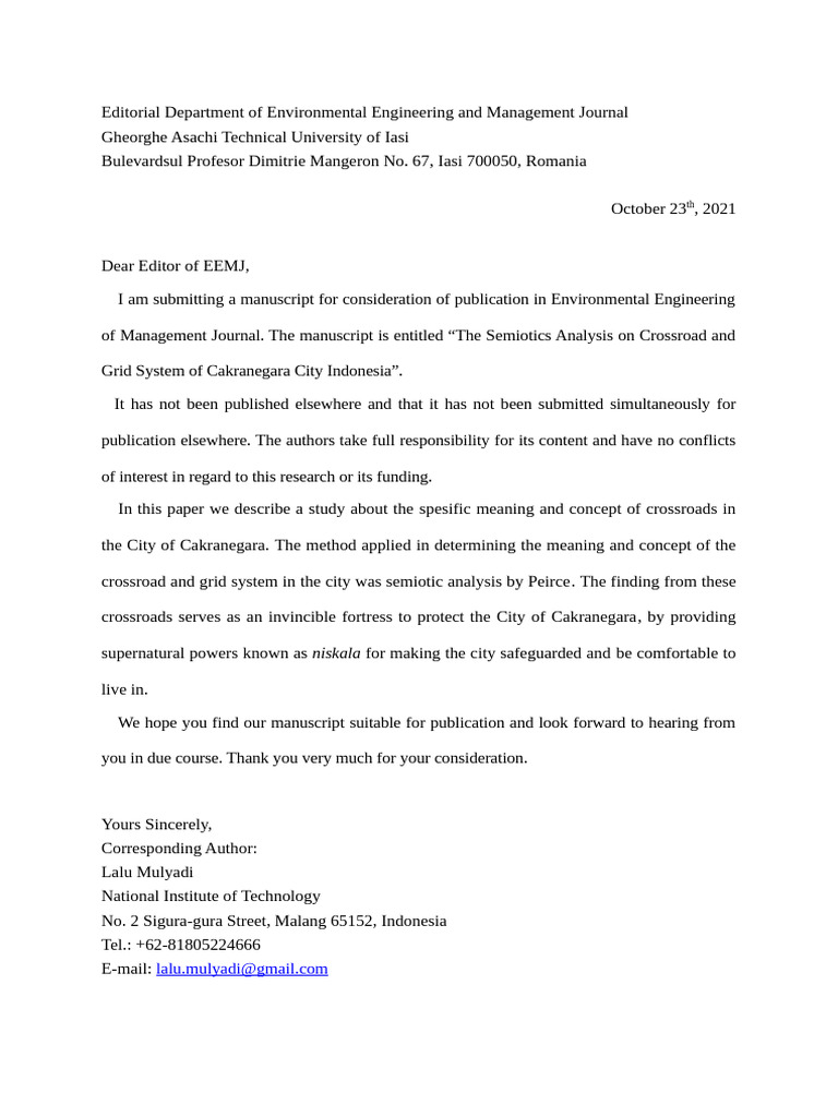 (Extra) Cover Letter To EEMJ | PDF