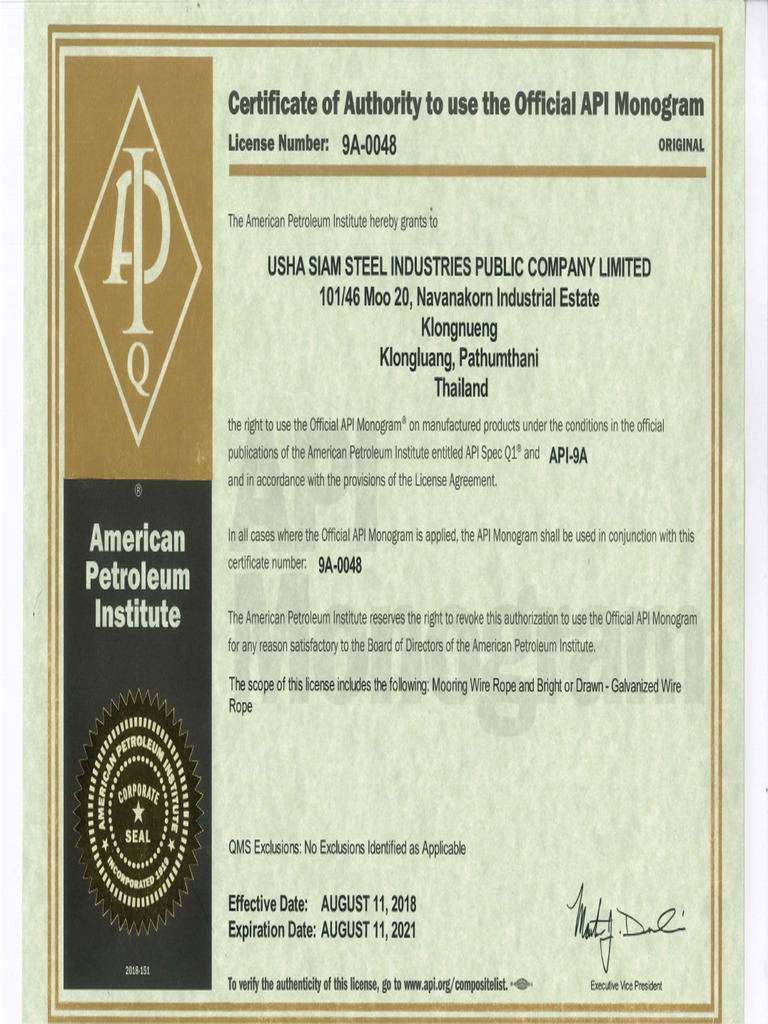 API 9A Usha Siam 2018-2021 Certificate | PDF
