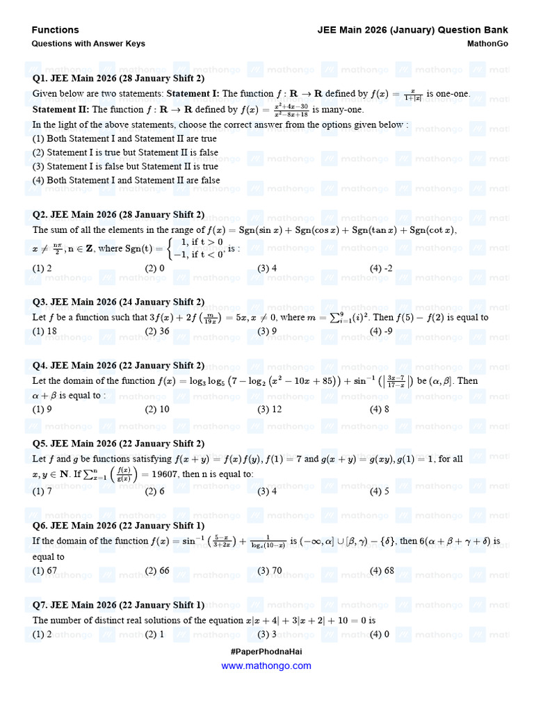 Functions - JEE Main 2026 (Jan) - MathonGo | PDF | Mathematics ...