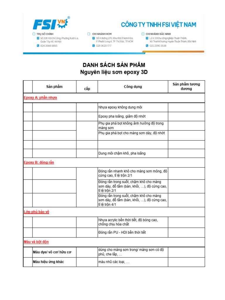 FSI - List Sản Phẩm - Sơn Epoxy 3D - Update 20042023 | PDF