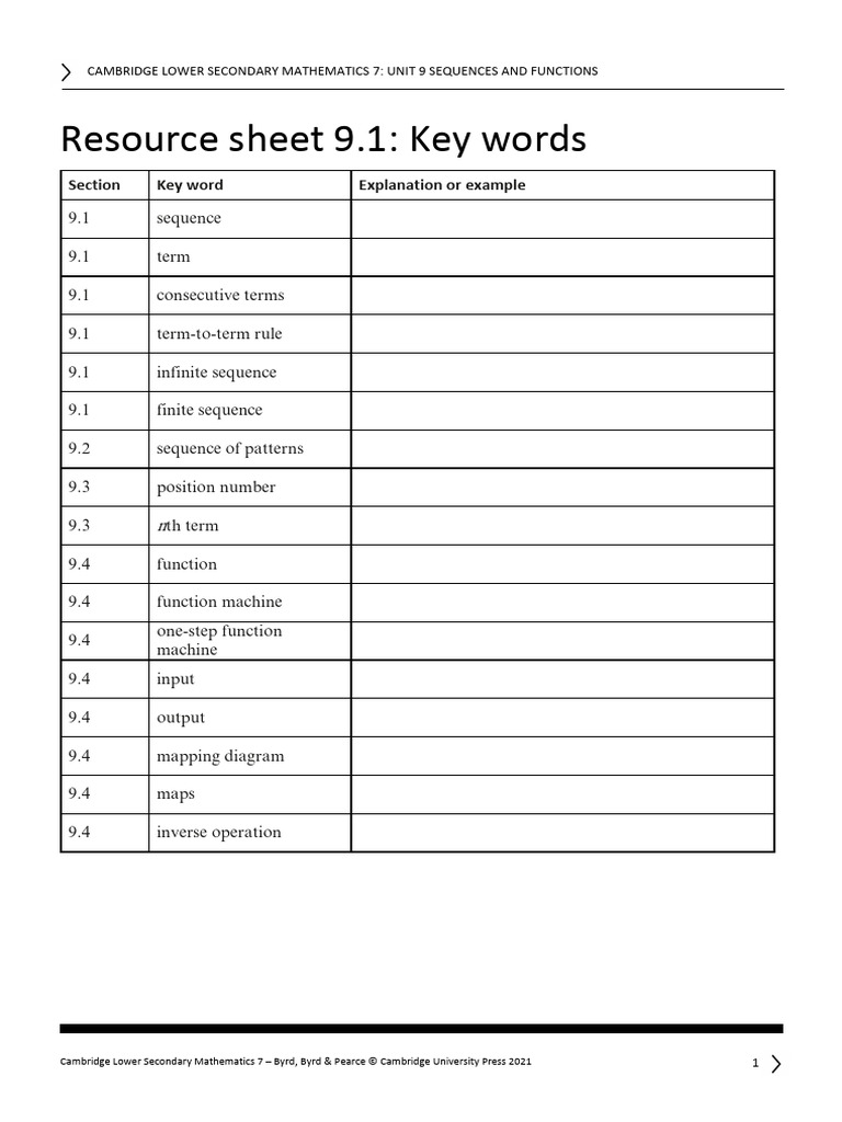 Stage 7 Maths Resource Sheet 9 1 Key Words | PDF