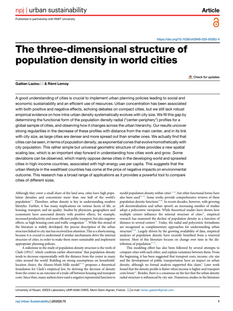 The Three-Dimensional Structure of Population Density in World Cities ...