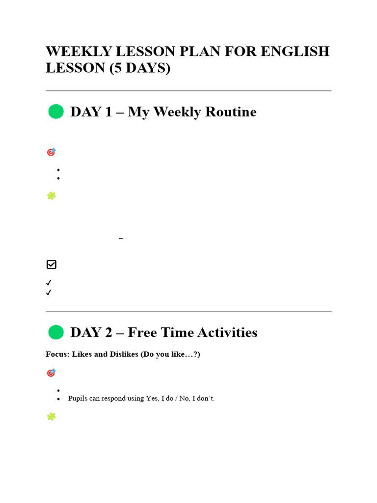 Weekly Lesson Plan For English Lesson | PDF