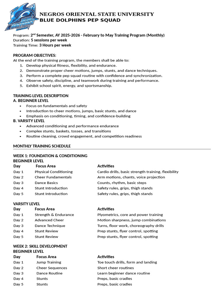 Pep Squad Training Program Matrix 2026 | PDF | Cheerleading