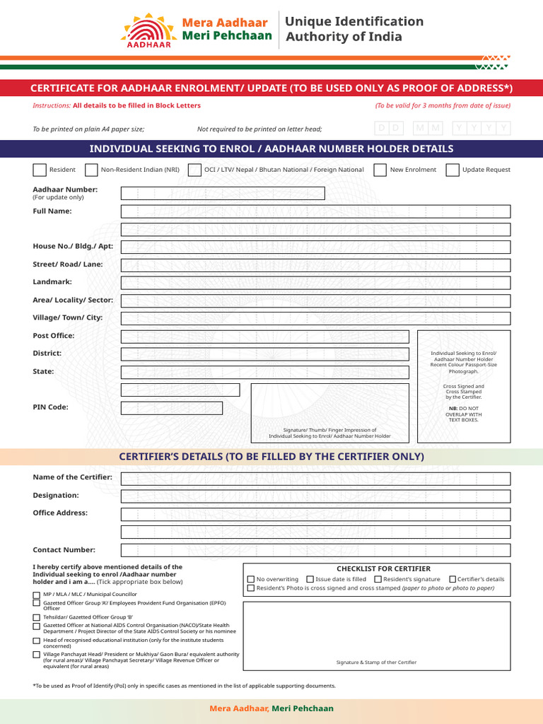 List of Supporting Document For Aadhaar Enrolment and Update | PDF ...