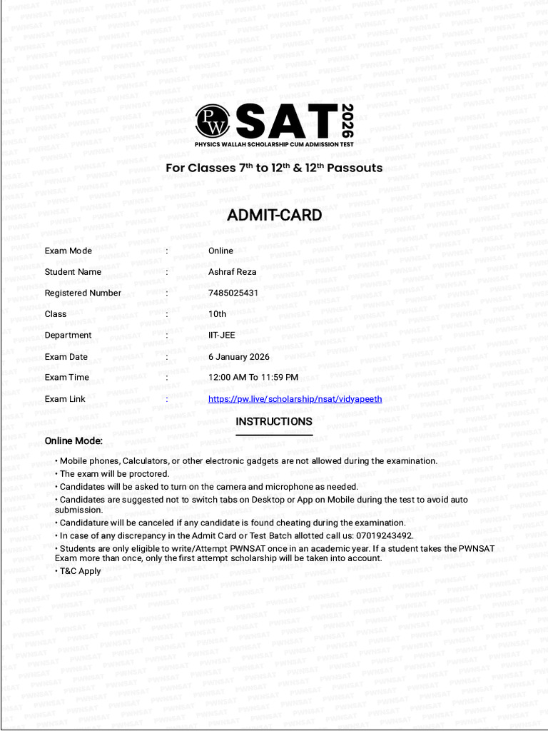 Vidyapeeth PWSAT Ashraf Admit Card - 10th06January20261200AMTO1159PM | PDF