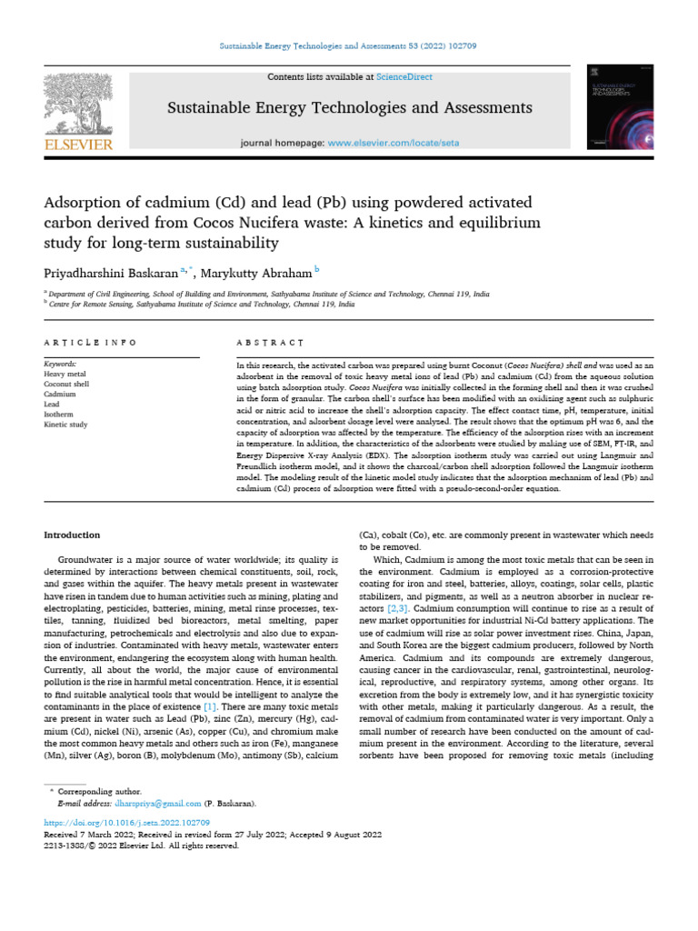 Adsorption of Cadmium (CD) and Lead (PB) Using Powdered Activated | PDF ...