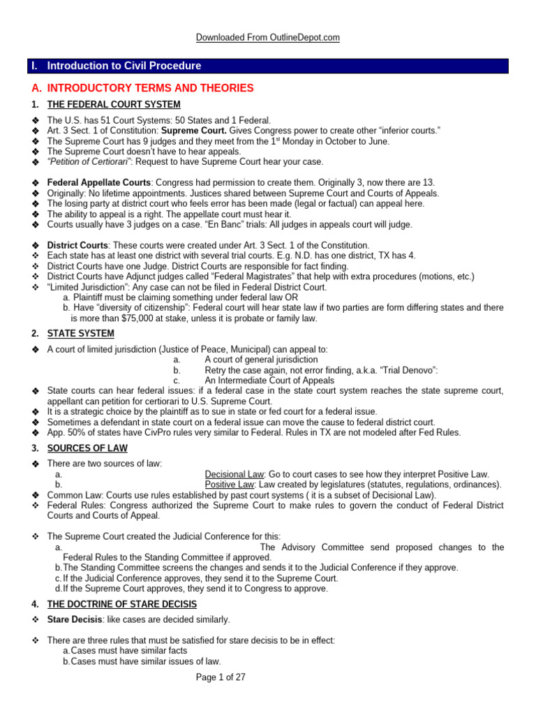 Civil Procedure Outline | PDF | Federal Rules Of Civil Procedure | Damages
