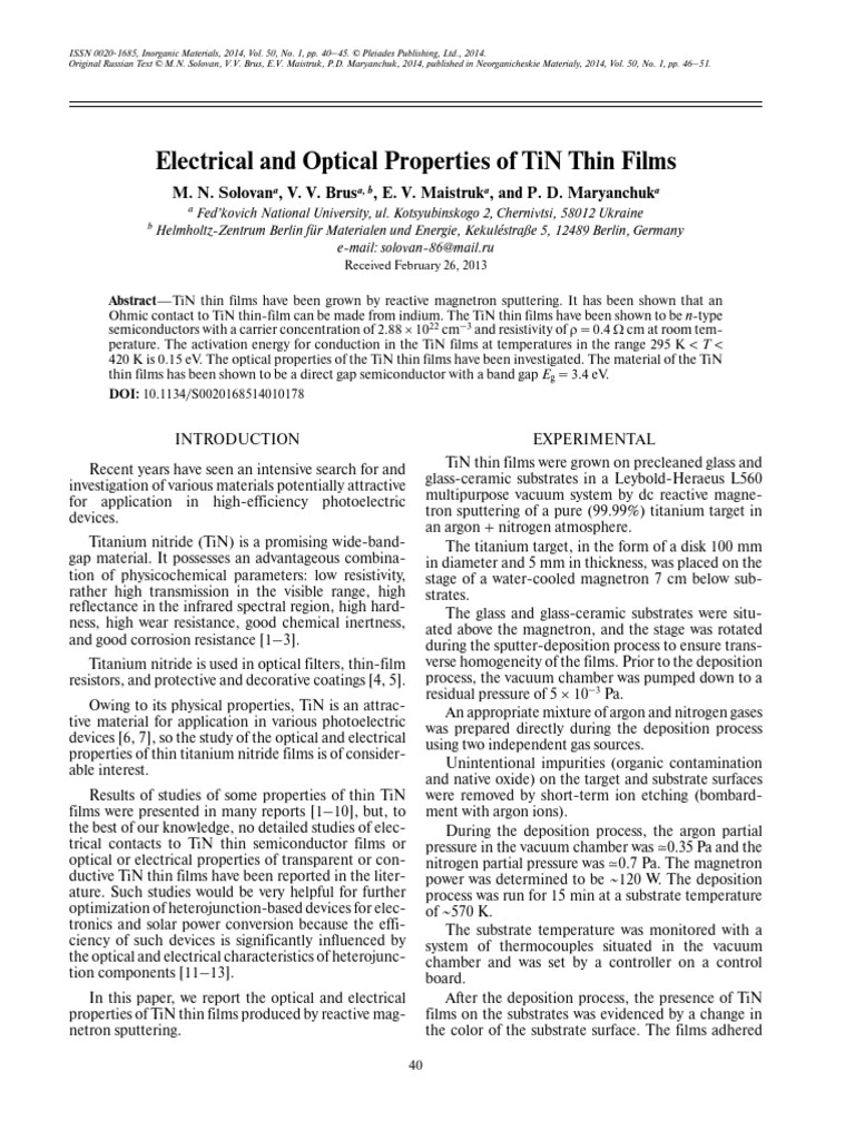 Electrical and Optical Properties of TiN Thin Films | PDF | Refractive ...