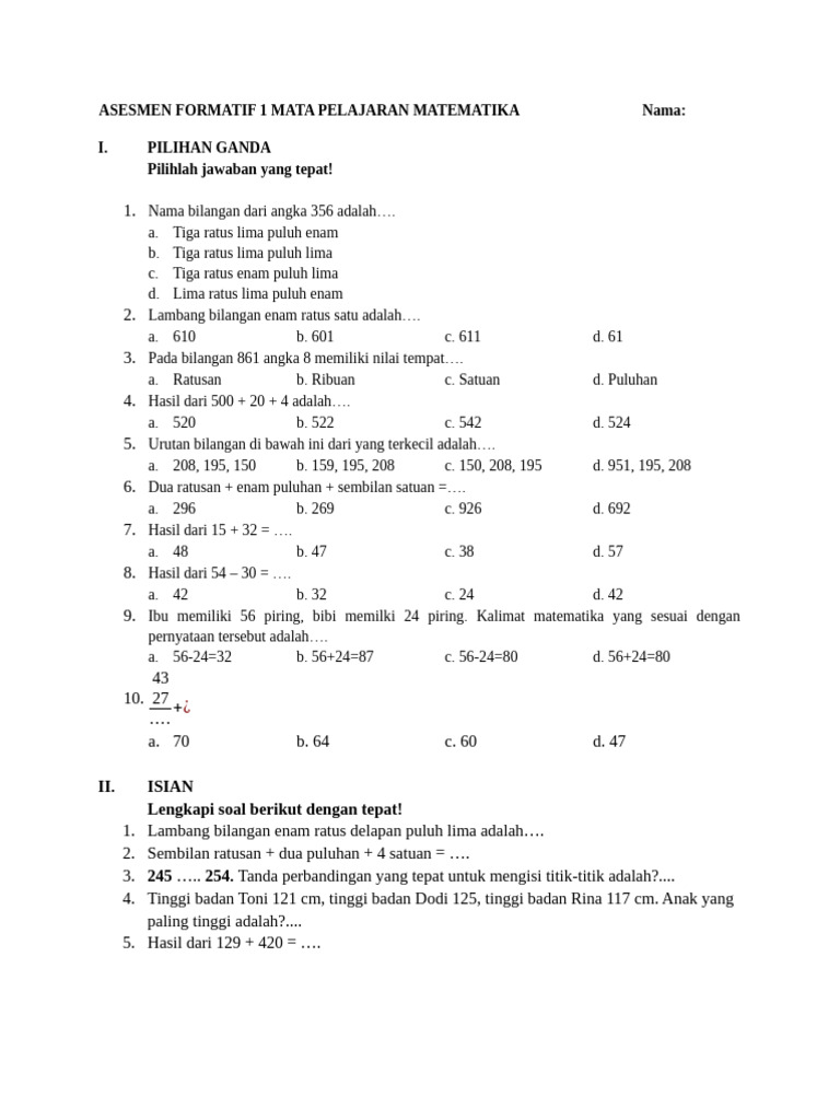 Asesmen Formatif 1 Mata Pelajaran Matematikanama | PDF