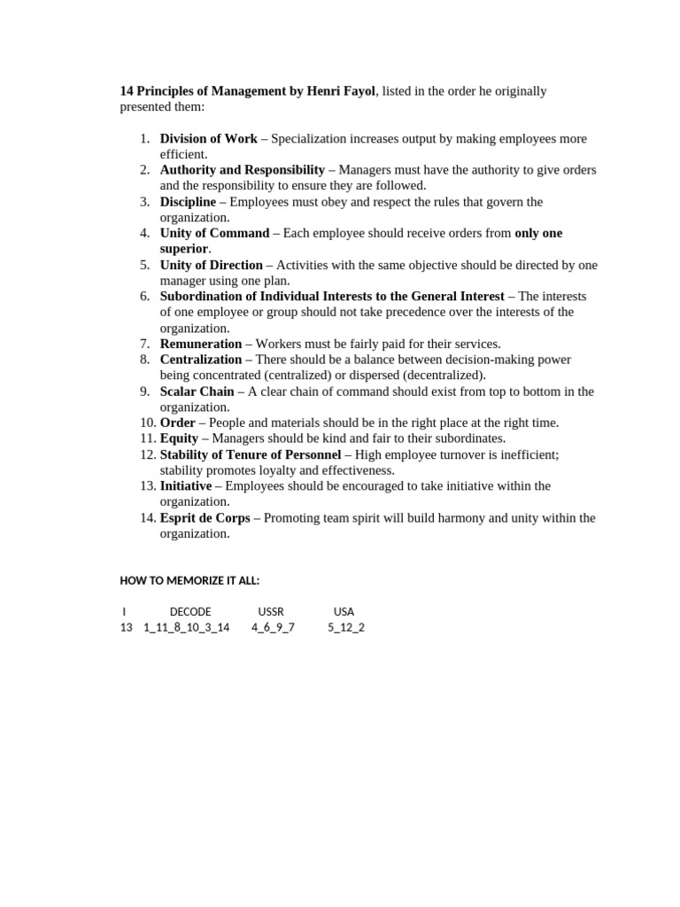 14 Principles of Management by Henri Fayol | PDF | Business ...