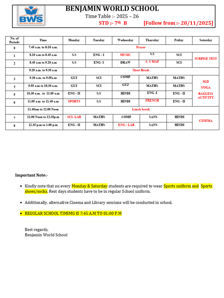 STD 7 TH B Time Table Nov | PDF