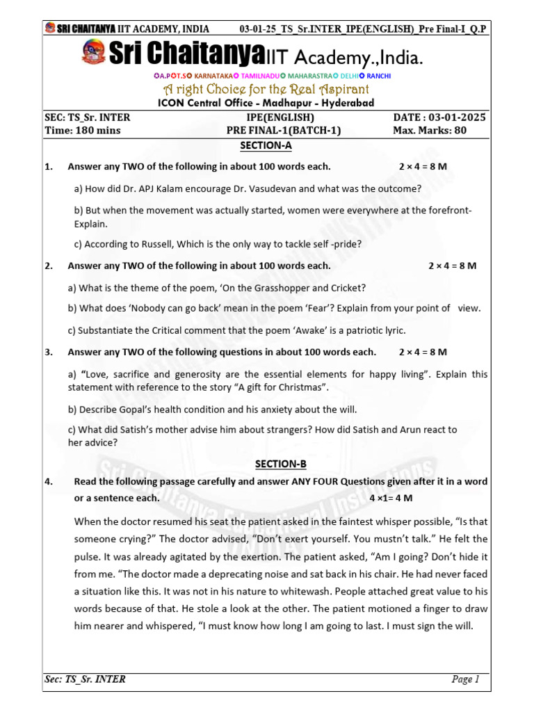 03-01-25 Ts SR - Inter Ipe (English) Pre Final-I (Batch-1) Q.paper | PDF
