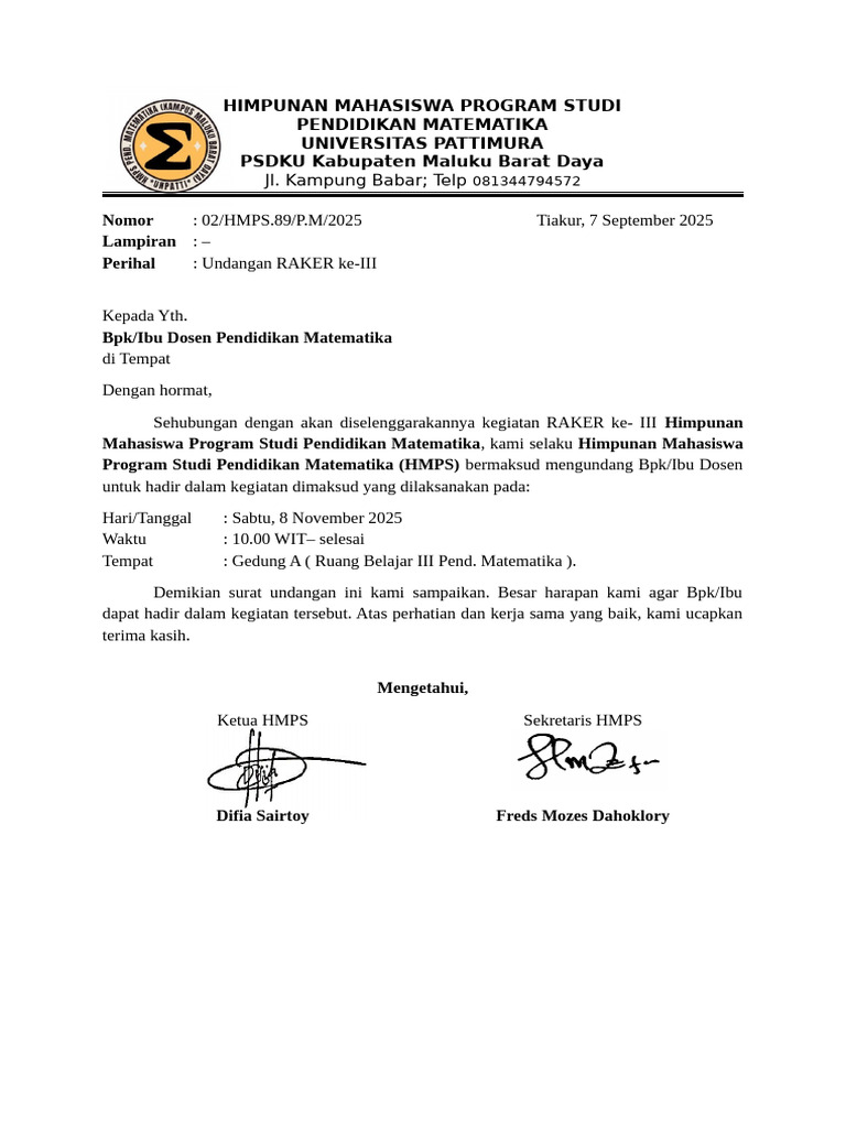 Surat Undangan RAKER HMPS | PDF