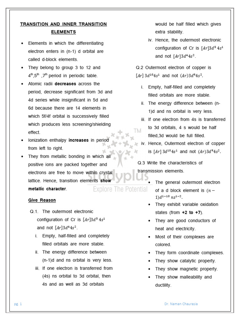 Transition and Inner Transition Elements Notes | PDF | Alloy ...