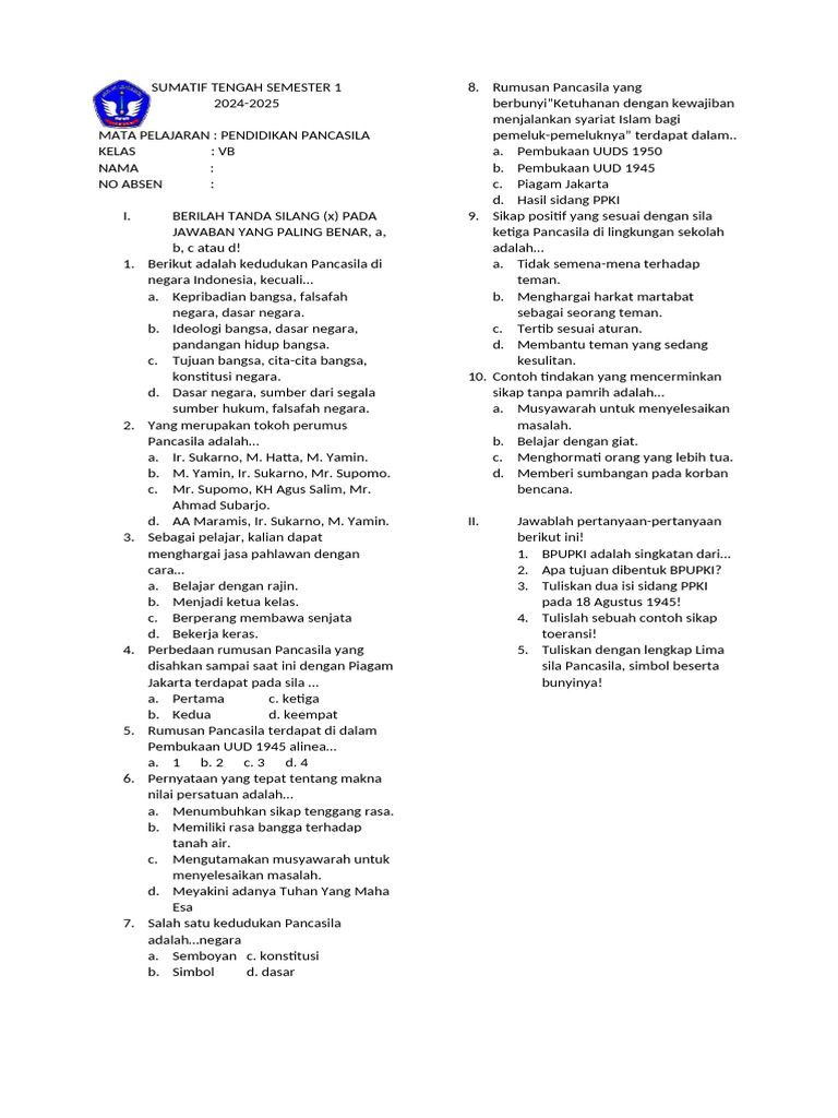 Sumatif Tengah Semester 1 PP | PDF