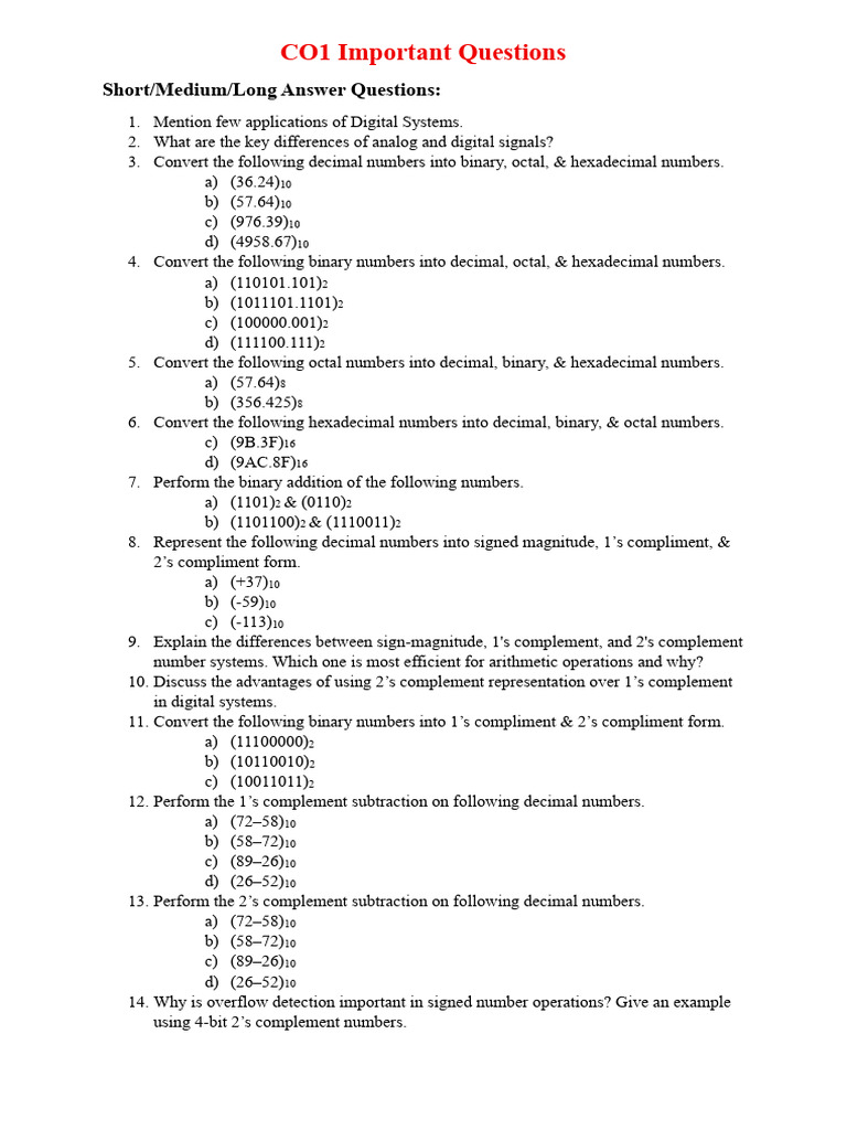 DSD Important Questions CO1 | PDF | Binary Coded Decimal | Boolean Algebra
