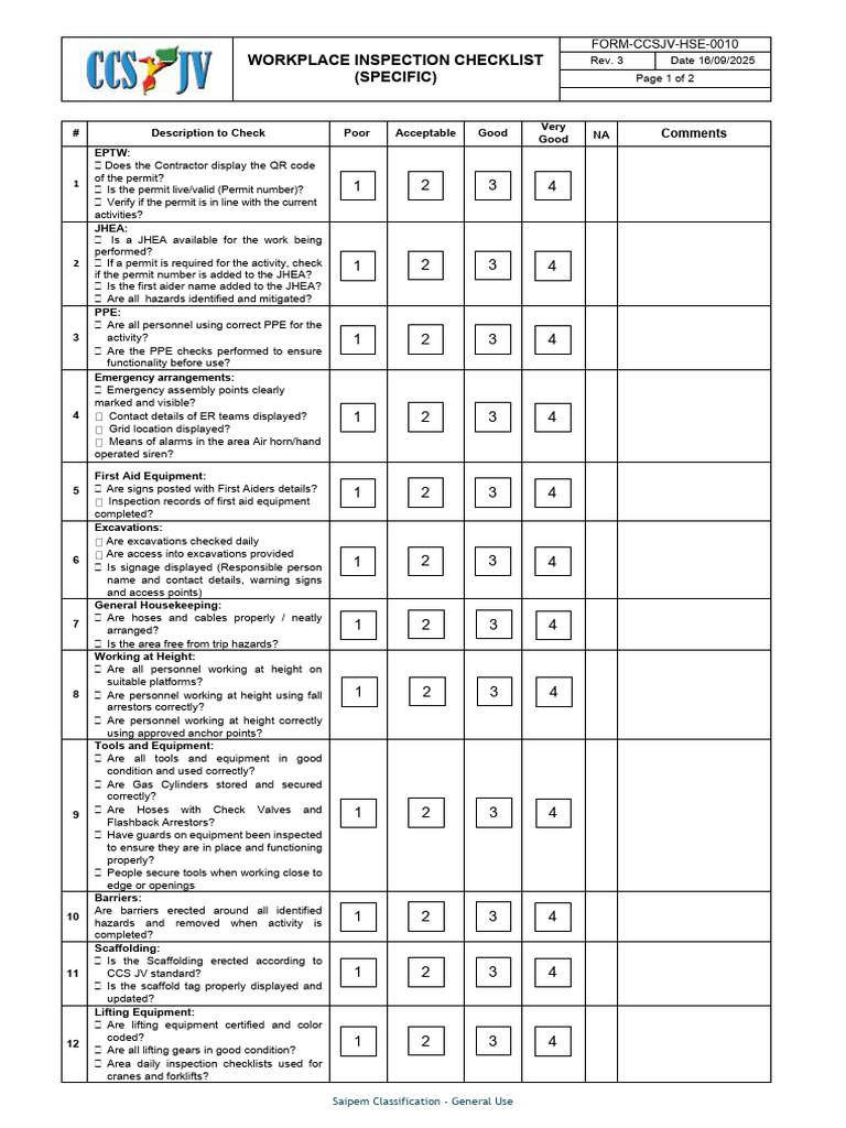 FORM-CCSJV-0010 Rev 3 HSE Inspection Checklist - Workplace Inspection ...