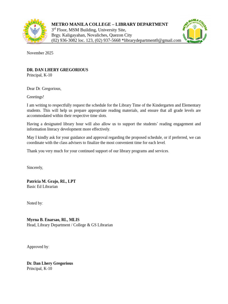 Letter For Library Time | PDF