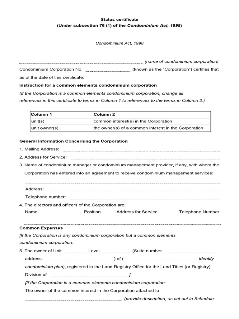 Status Certificate NonFillable | PDF | Expense