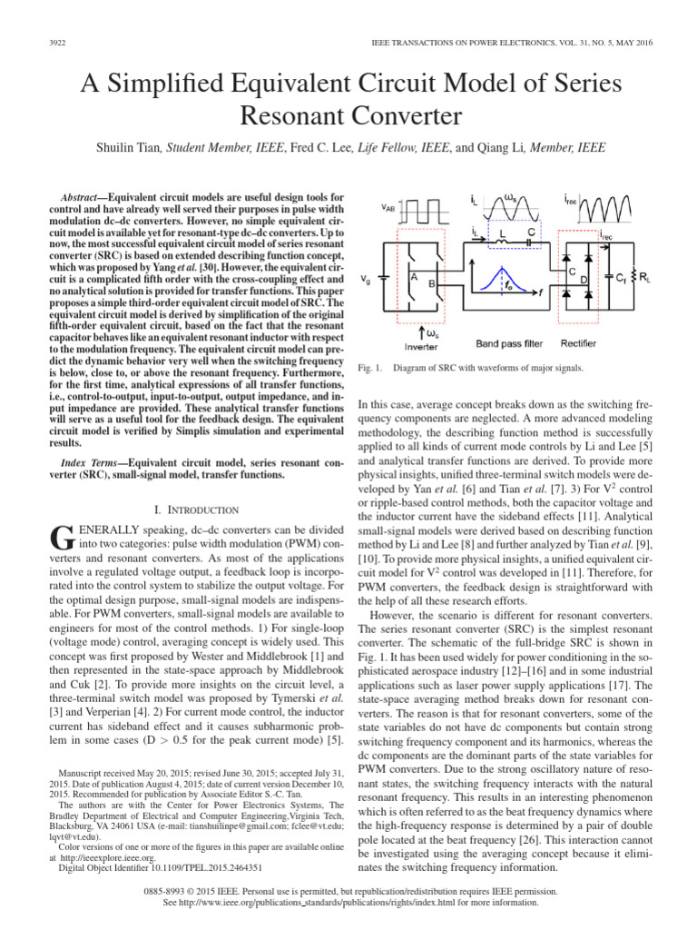 A Simplified Equivalent Circuit Model of Series Resonant Converter ...