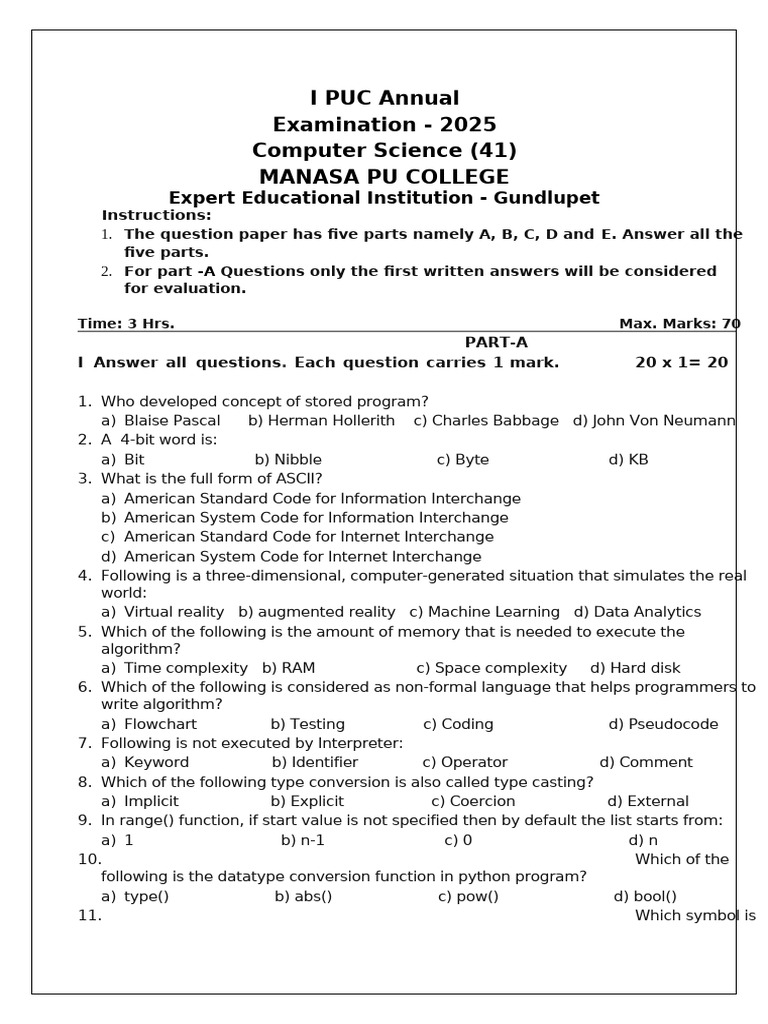 I PUC Annual Examination | PDF | Algorithms | Computing
