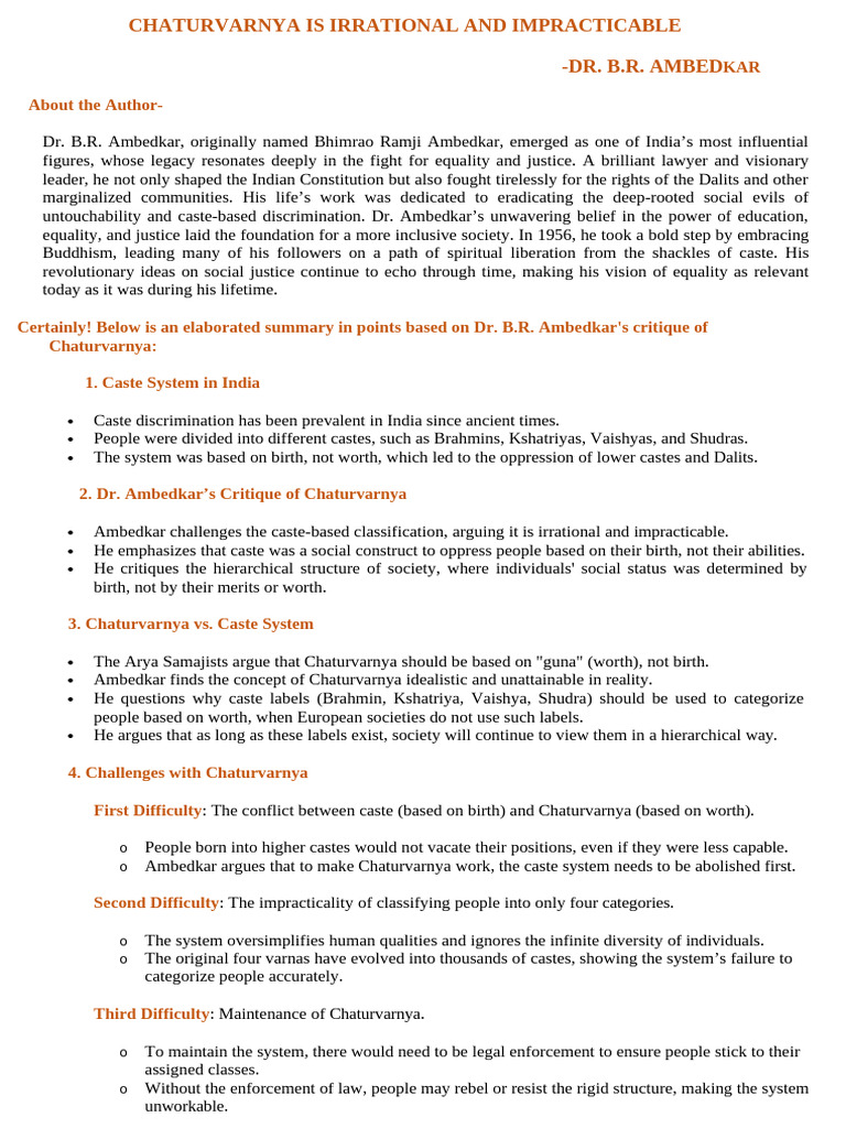 Summary of Chaturvarnya Is Irrational and Impracticable | PDF | Caste ...