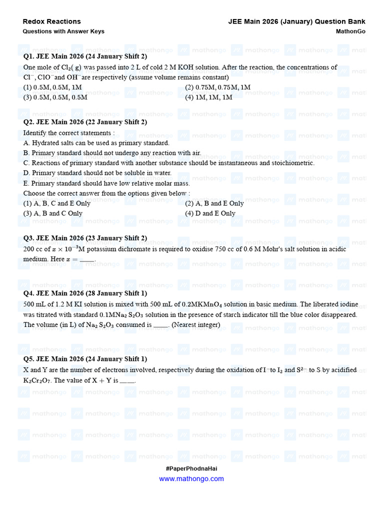 Redox Reactions - JEE Main 2026 (Jan) - MathonGo | PDF | Redox | Chemistry
