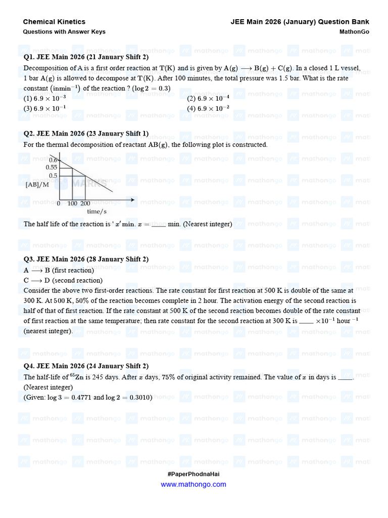 Chemical Kinetics - JEE Main 2026 (Jan) - MathonGo | PDF | Chemical ...