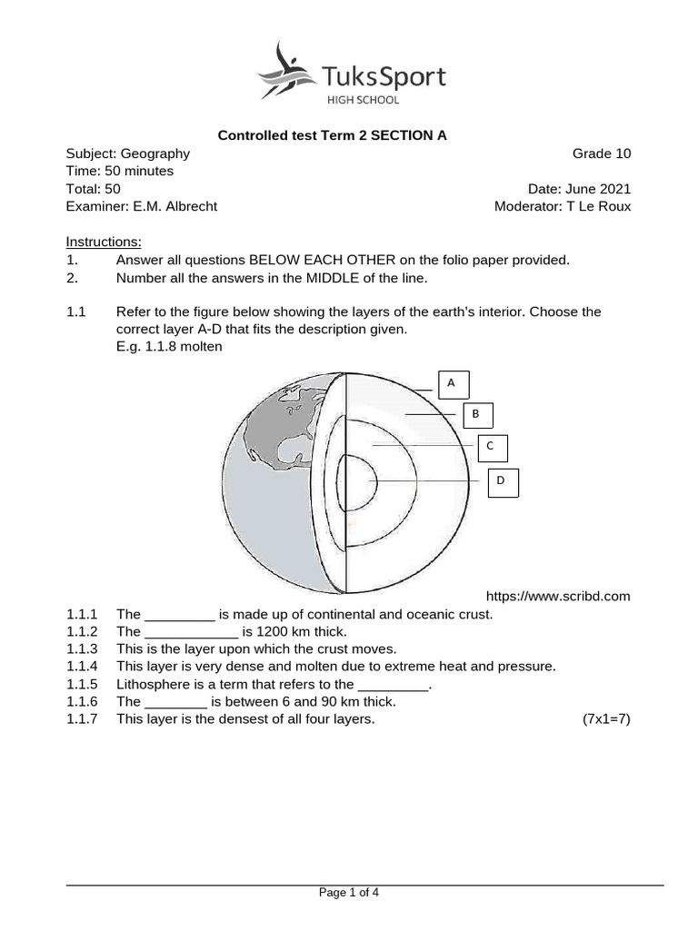 Gr10 TSHS Geomorphology Test PART A | PDF