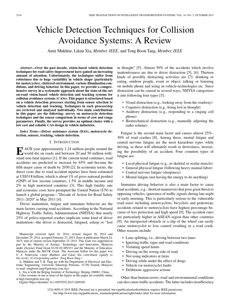 Vehicle Detection Techniques For Collision Avoidance Systems A Review ...