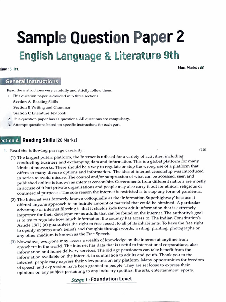 Class Ix Sample Question Paper English Language & Literature Set-2-2026 ...