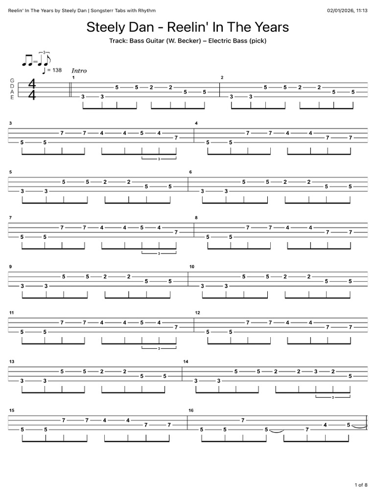 Steely Dan - Reelin' in The Years Electric Bass (Pick) Tab From ...