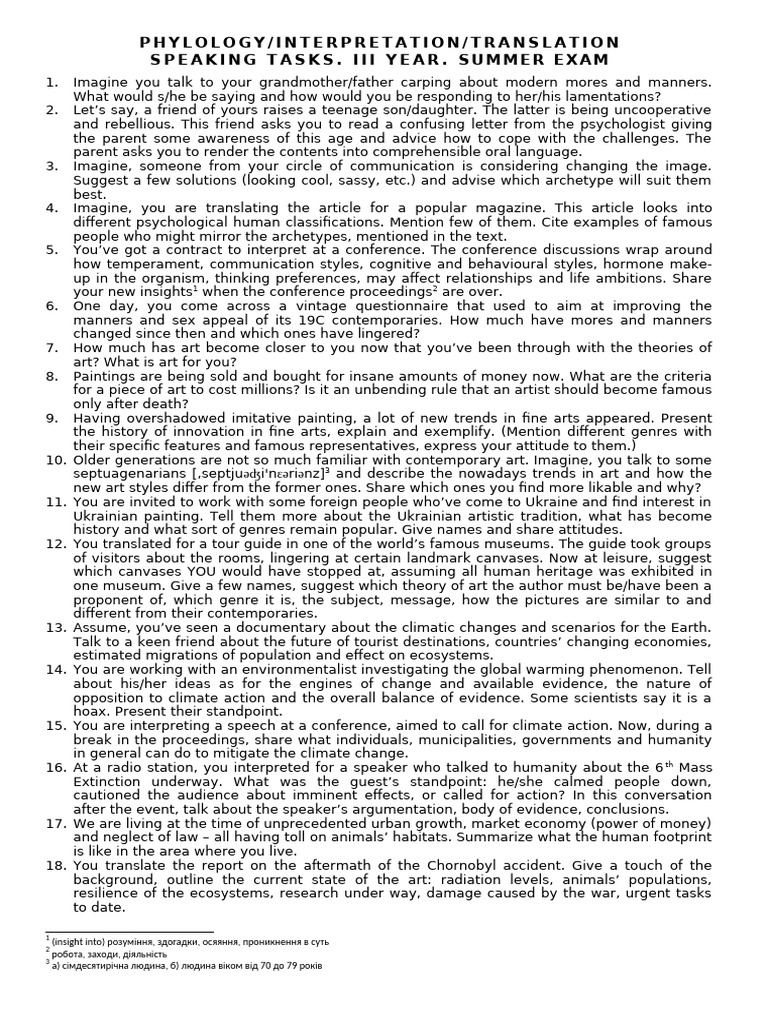 Speaking Tasks Summer 2022 23 | PDF | Behavioural Sciences | Psychology