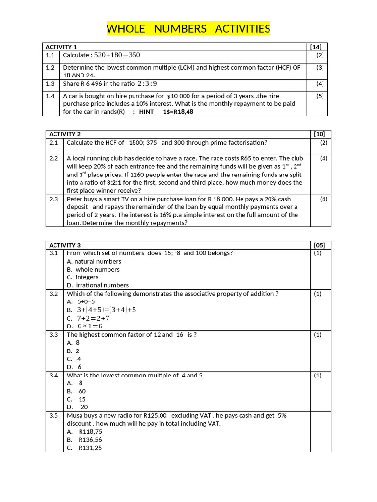 Whole Numbers Activities | PDF | Interest | Number Theory