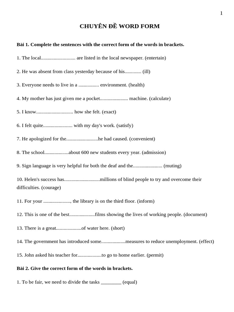 Bai Tap Word Form Lop 10 Co Dap An | PDF