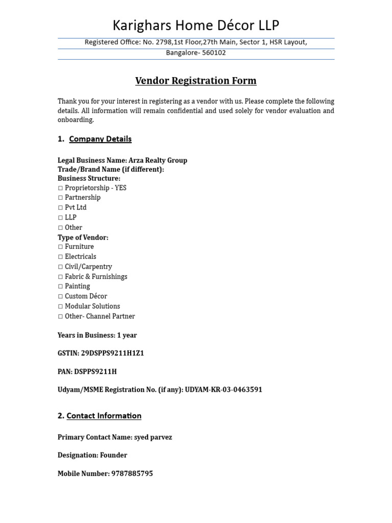 Vendor Registration Form | PDF