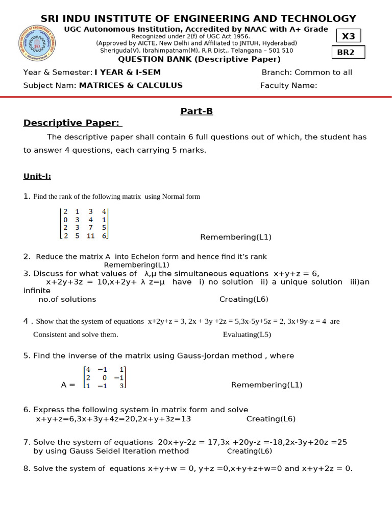 M&C - Questionbank 2025-26 | PDF | Matrix (Mathematics) | Eigenvalues ...