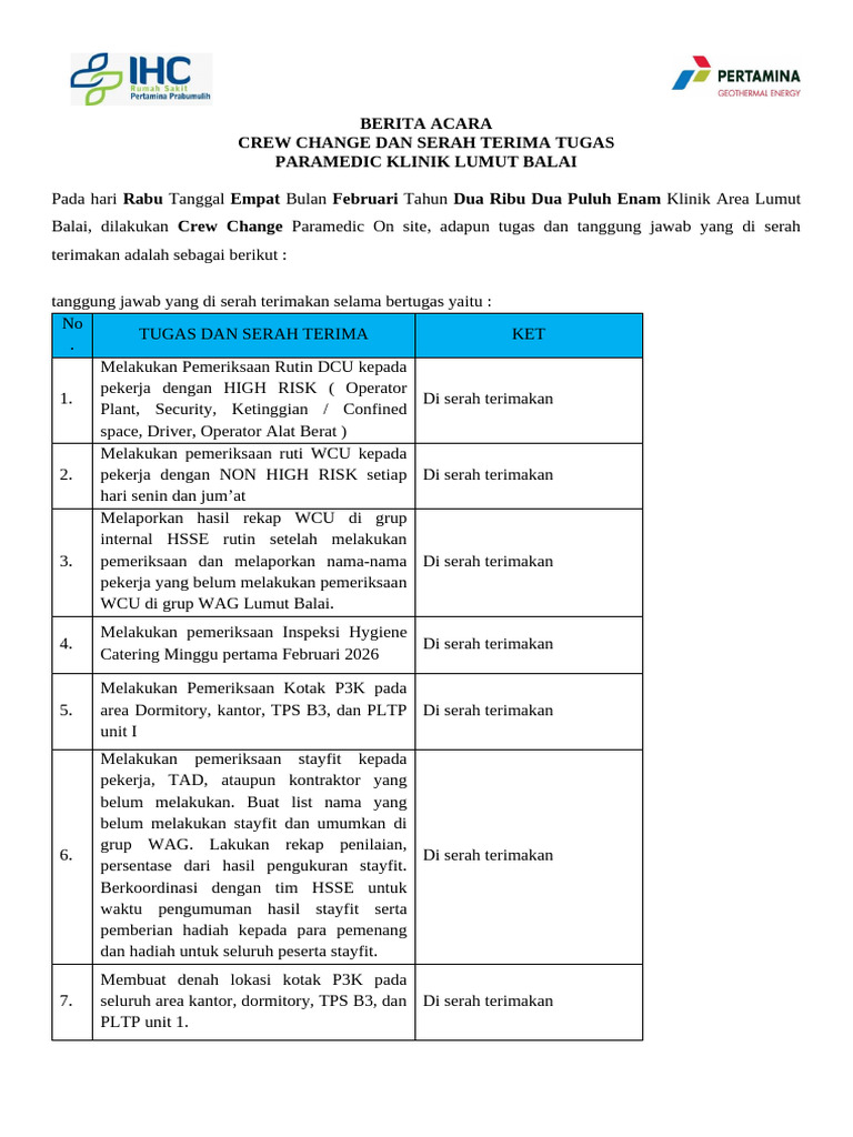 Berita Acara Crew Change | PDF