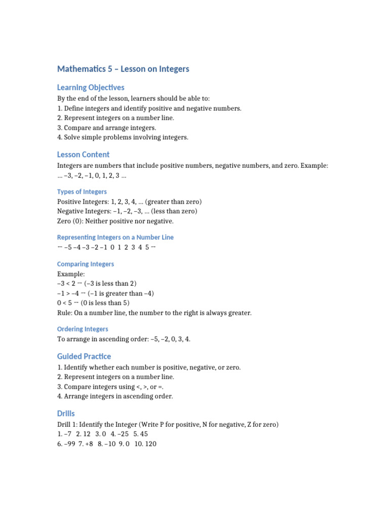 Math5 Integers FullLesson | PDF | Integer | Chess