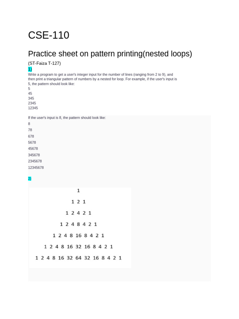 Nested Loops (Pattern) Extra Practice | PDF