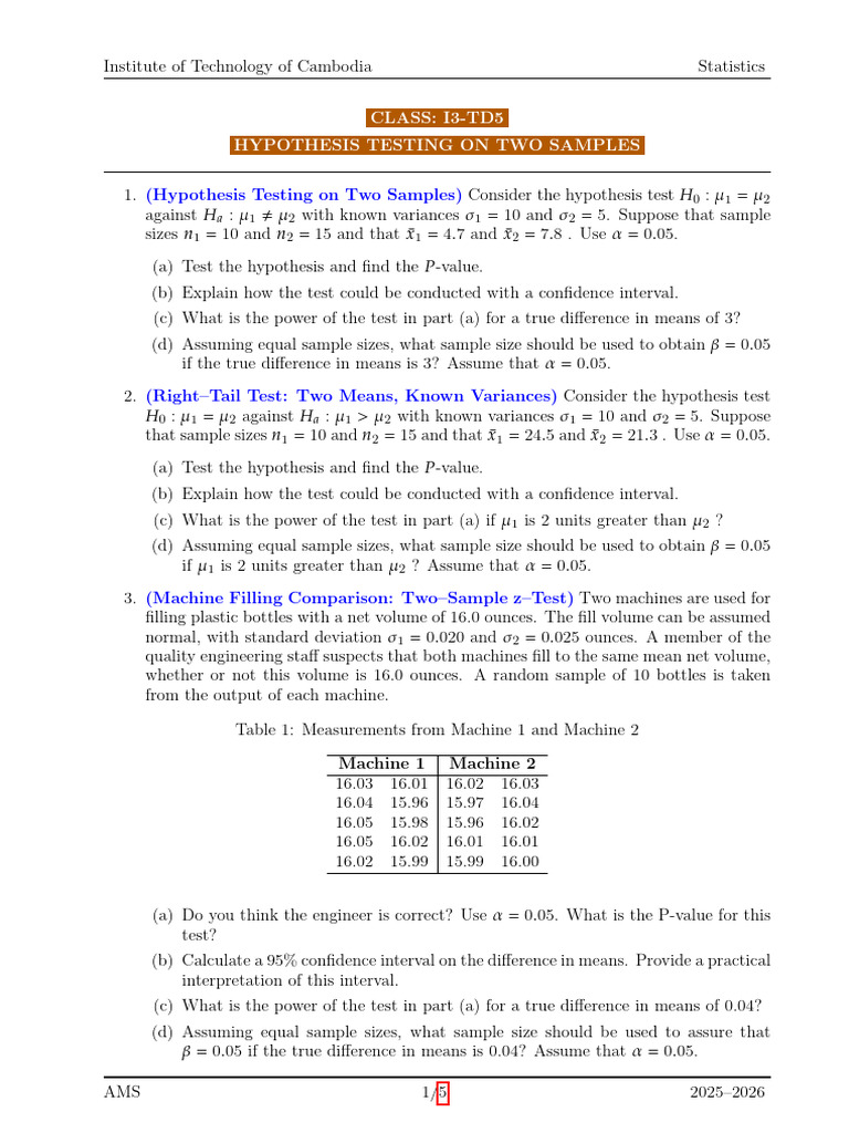 TD5-Hypothesis Testing On Two Samples | PDF | Standard Deviation ...