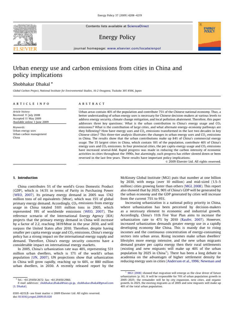 [14] Urban Energy Use and Carbon Emissions From Cities in China | PDF ...