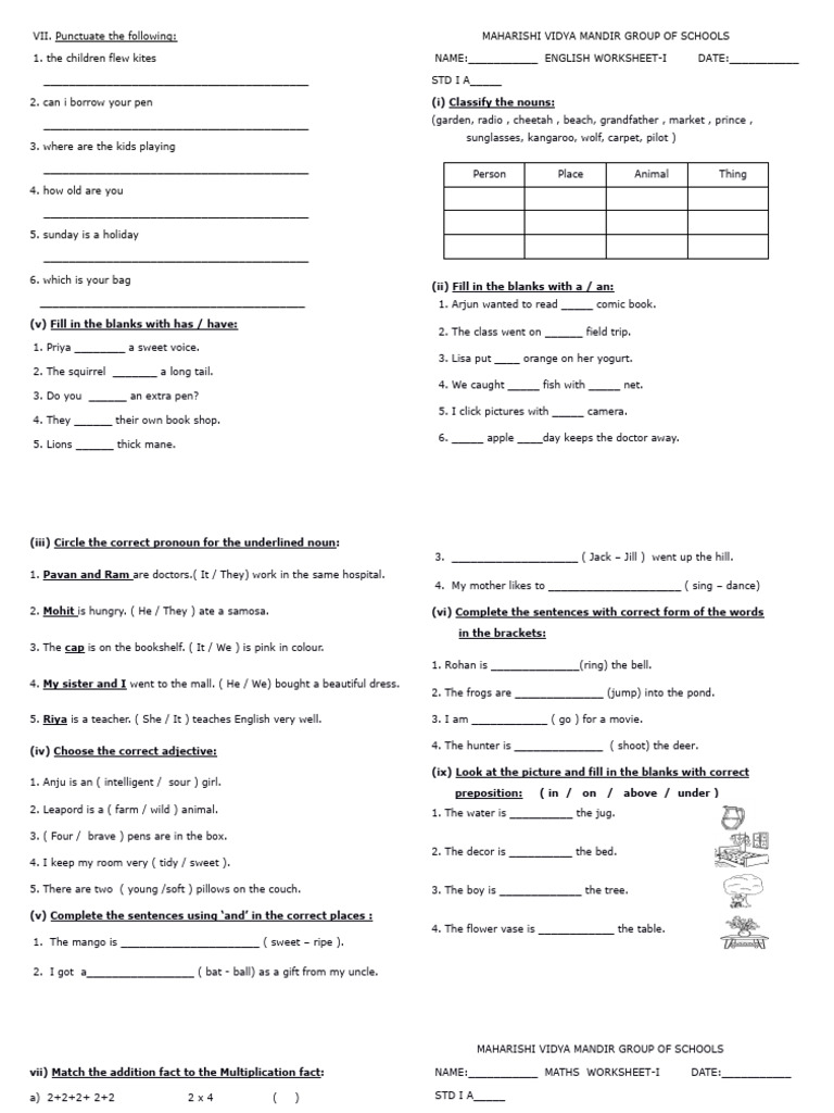 STD I Ass Vi Worksheet 2025-26 | PDF | Linguistics
