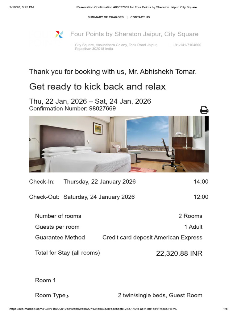 Reservation Confirmation #98027669 For Four Points by Sheraton Jaipur ...