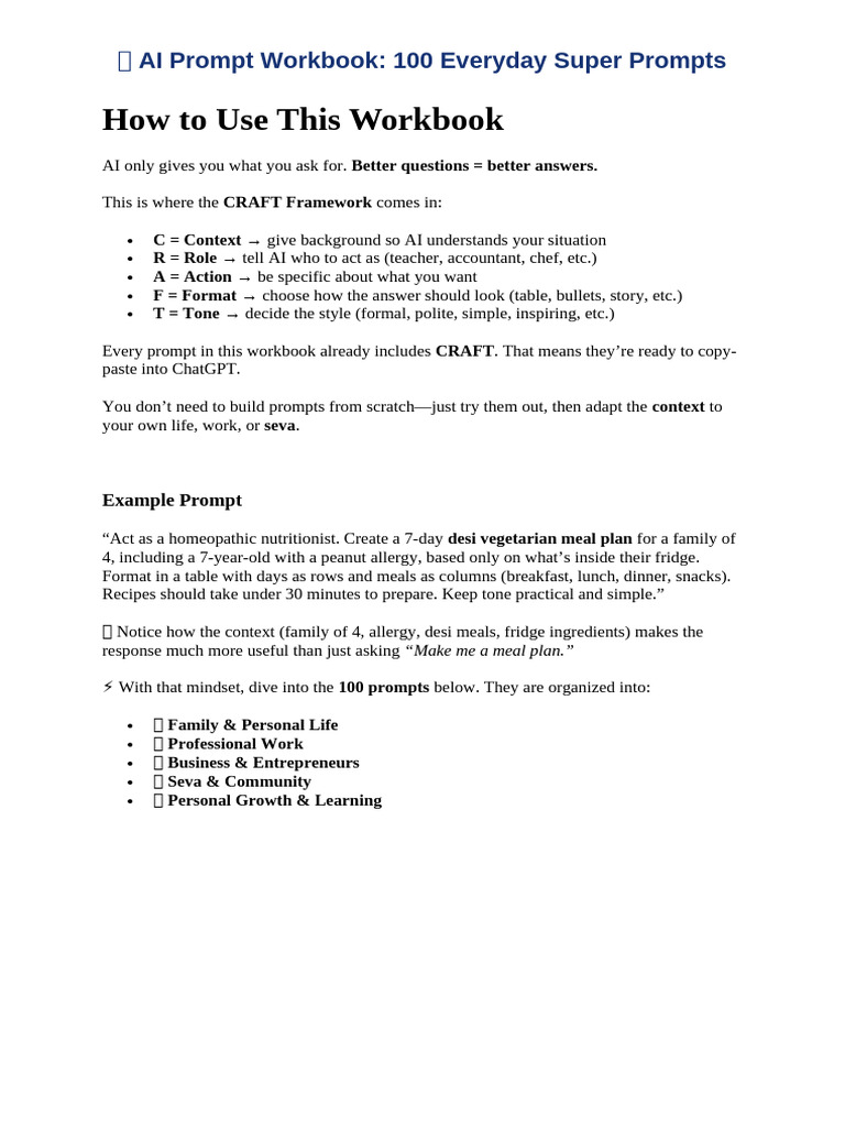 AI Prompt Workbook - 100 Everyday Super Prompts | PDF | Meal | Pakistan