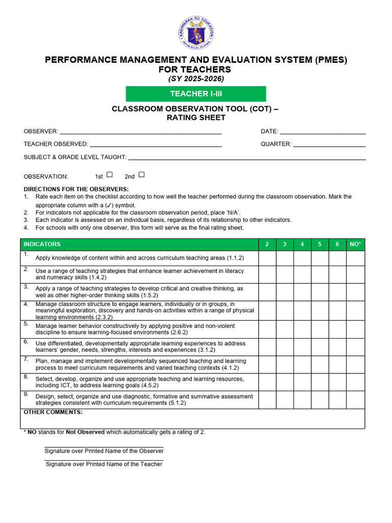 Annex E-2 - COT Rating Sheet For Proficient Teacher A (TI-TIII) | PDF ...