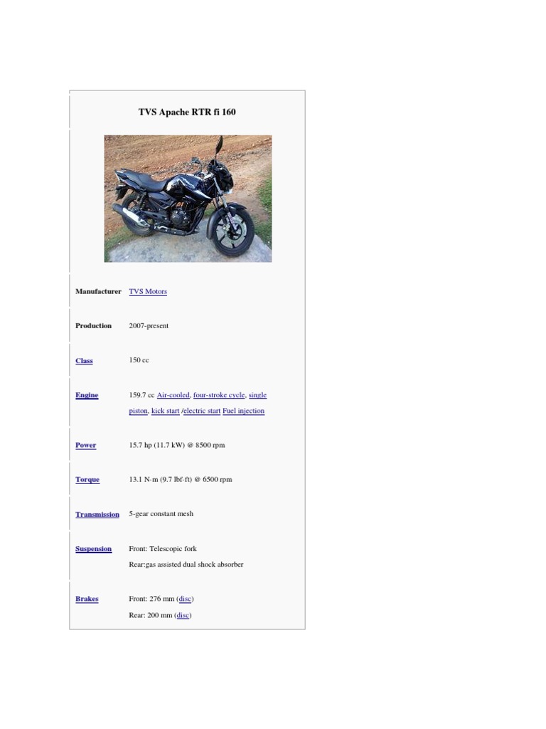 TVS Apache RTR 160 Specifications | PDF | Motorcycle | Fuel Economy In ...